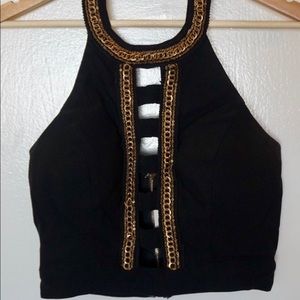 Black & gold, halter crop top.